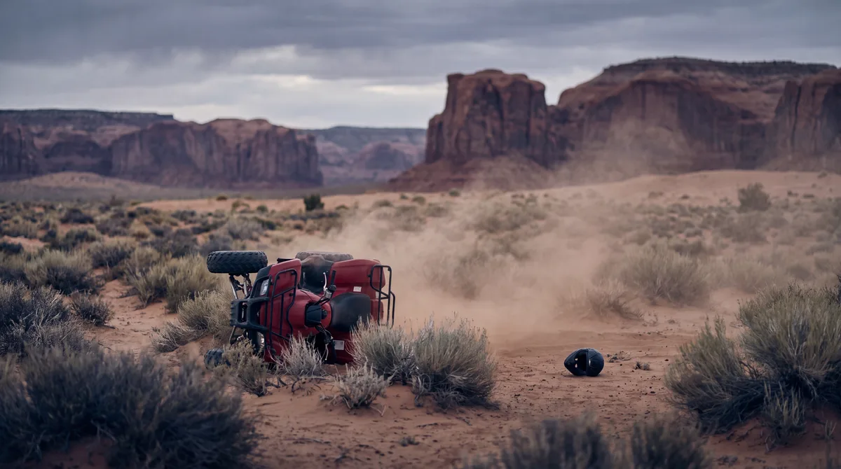 Overturned crimson ATV on a desert trail with Utah red rock formations in the distance