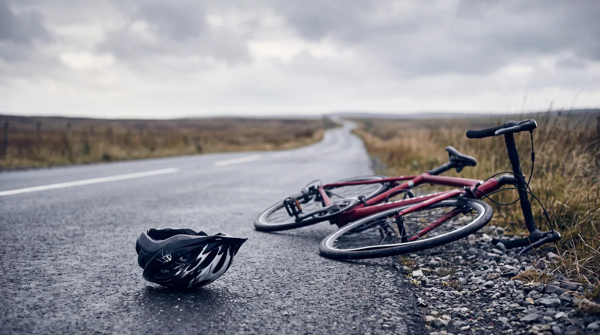 Crimson road bicycle with a bent wheel lying beside a rural road next to a helmet