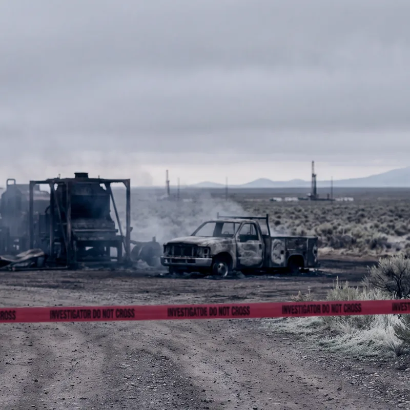 Scorched oilfield equipment and burned work truck behind crimson barrier tape after an industrial fire