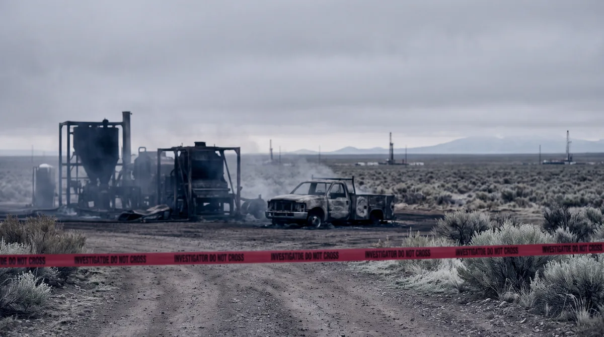 Scorched oilfield equipment and burned work truck behind crimson barrier tape after an industrial fire