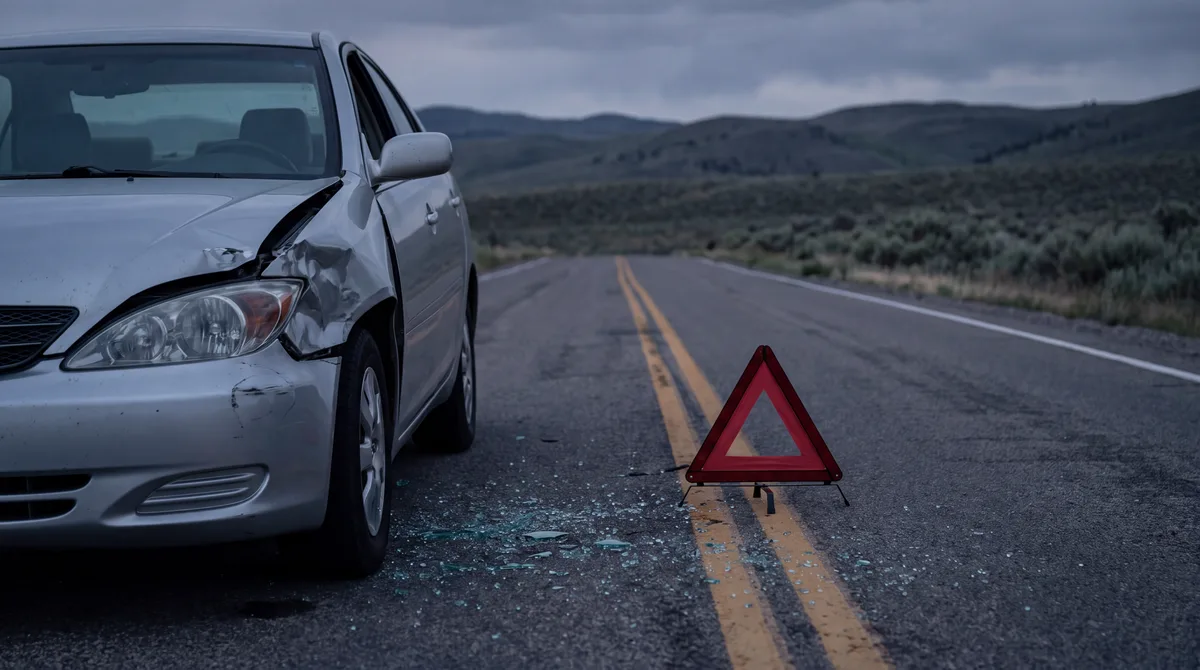 Crumpled sedan and crimson warning triangle on a rural Utah highway after a car accident