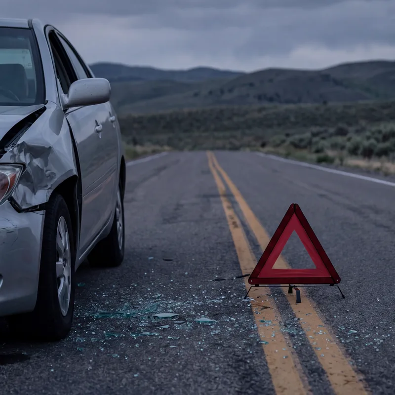 Crumpled sedan and crimson warning triangle on a rural Utah highway after a car accident