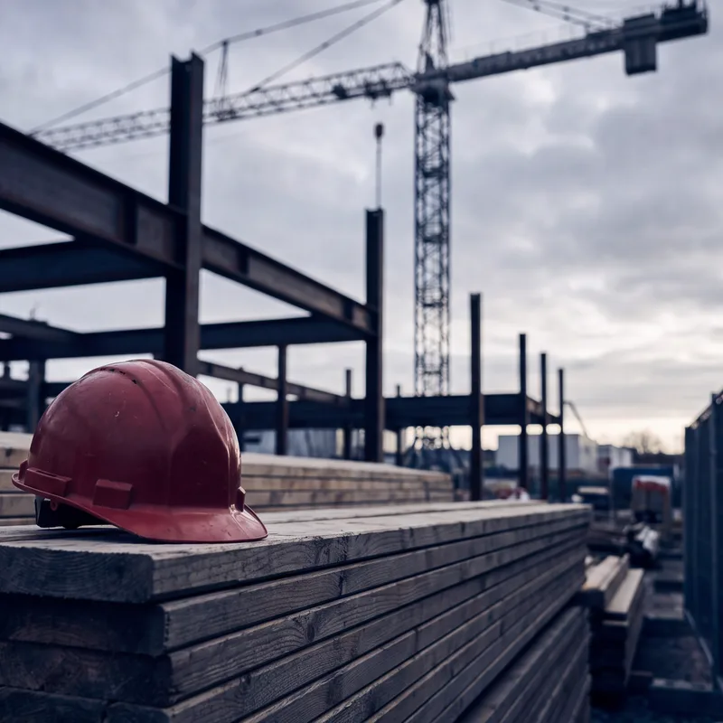 Crimson hard hat on lumber at a construction site with a crane silhouetted at dawn
