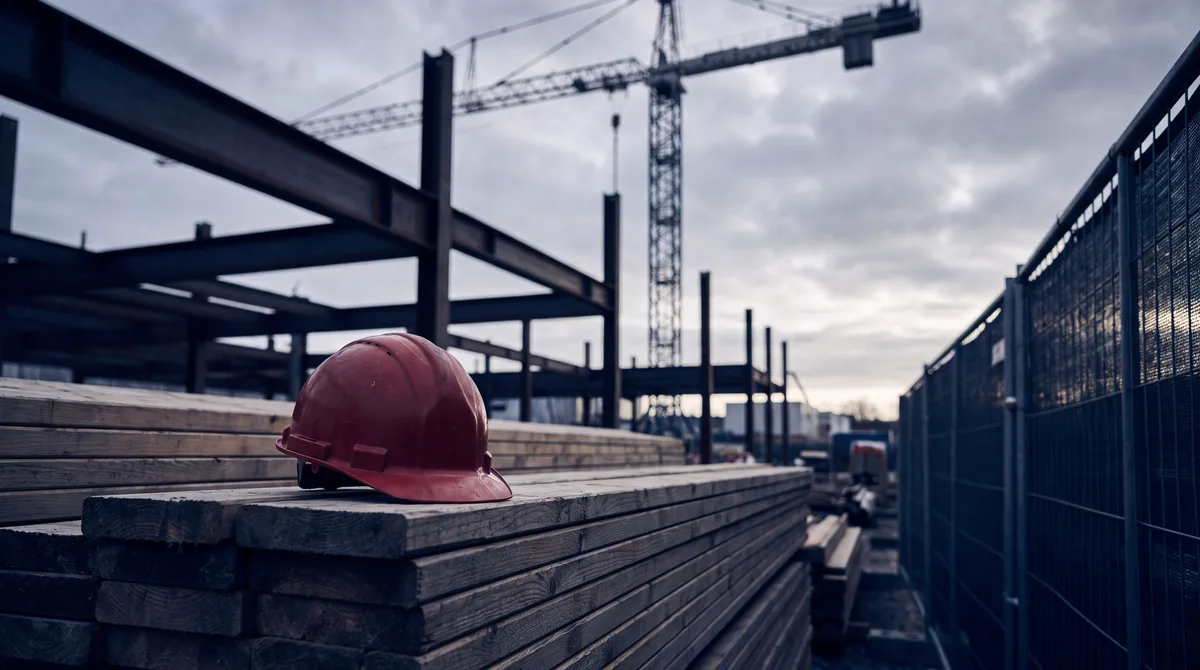 Crimson hard hat on lumber at a construction site with a crane silhouetted at dawn