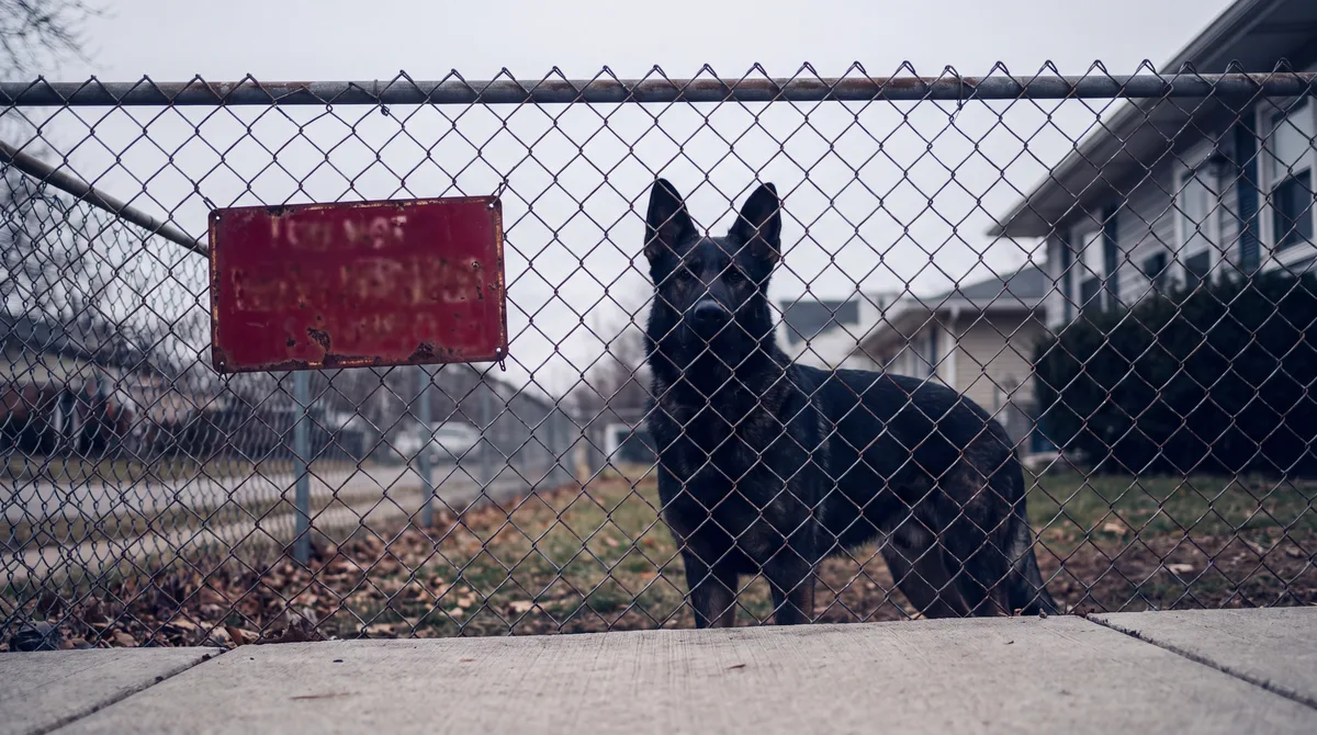 Alert dog behind a chain-link fence with a crimson warning sign, representing dog bite injury claims