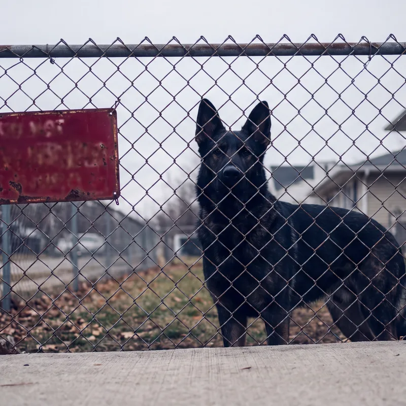 Alert dog behind a chain-link fence with a crimson warning sign, representing dog bite injury claims