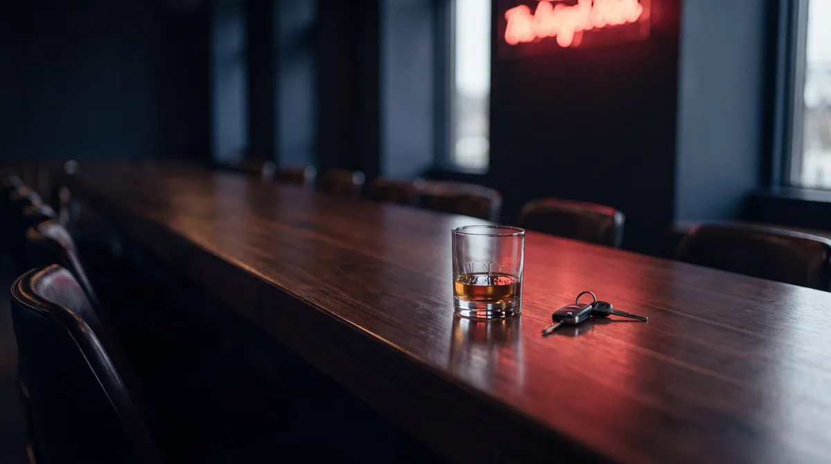 Whiskey glass and car keys on an empty bar counter under a crimson neon glow