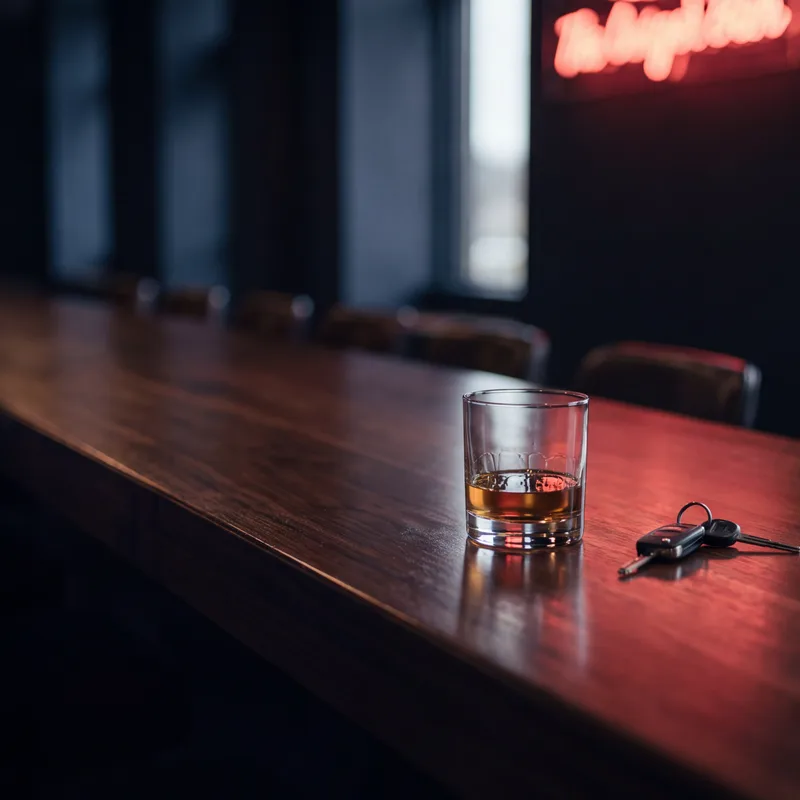 Whiskey glass and car keys on an empty bar counter under a crimson neon glow