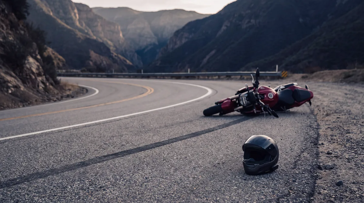 Crimson motorcycle on its side on a canyon road with a skid mark and helmet in the foreground