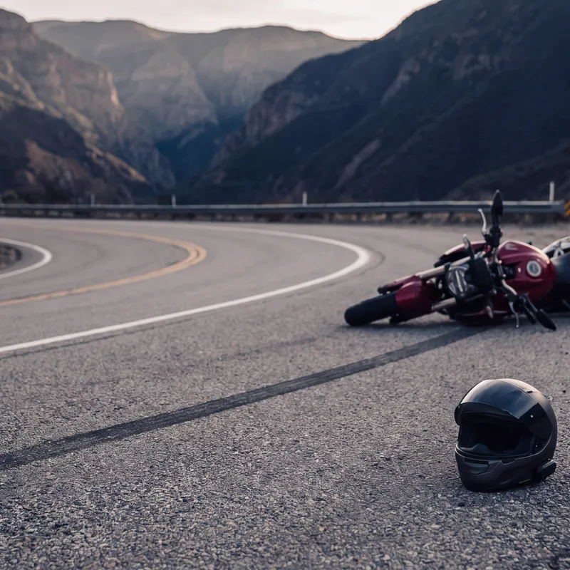 Crimson motorcycle on its side on a canyon road with a skid mark and helmet in the foreground