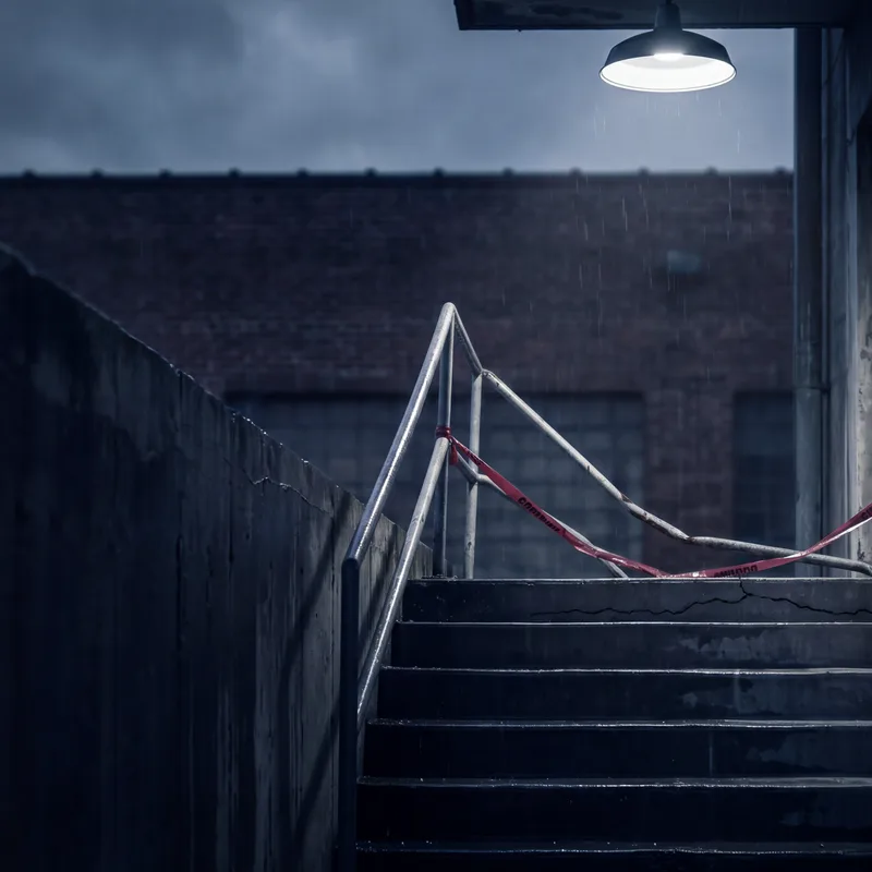 Broken handrail on a dim commercial stairwell blocked with crimson barrier tape