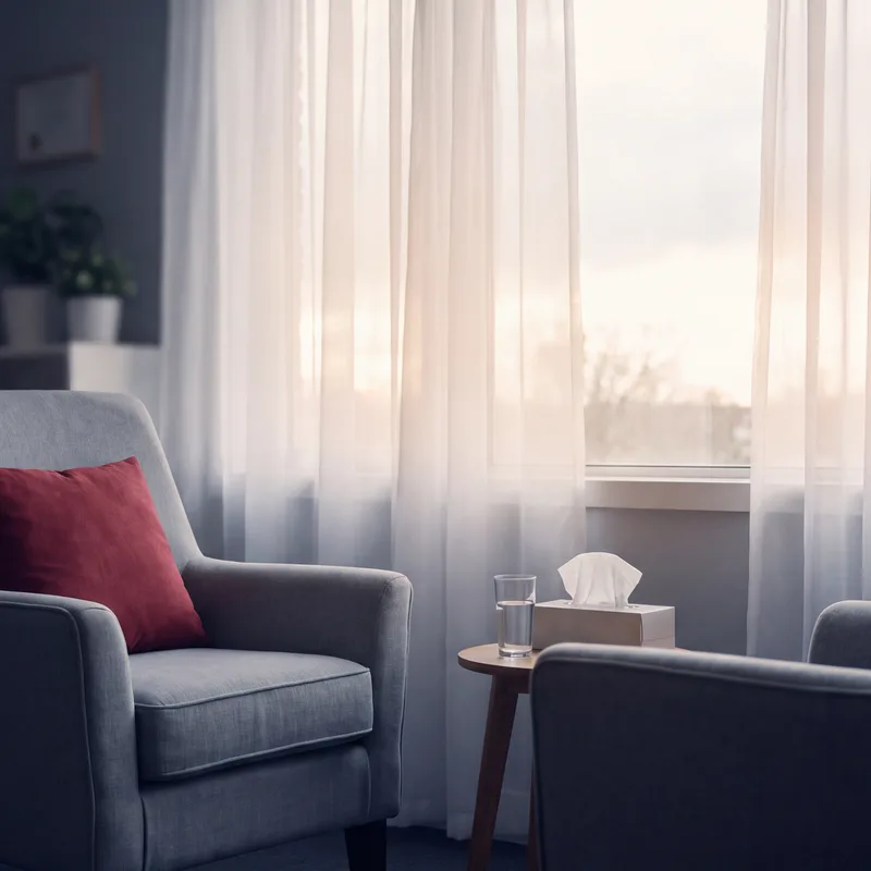 Calm counseling room with two armchairs, soft window light, and a crimson pillow, conveying safety and support