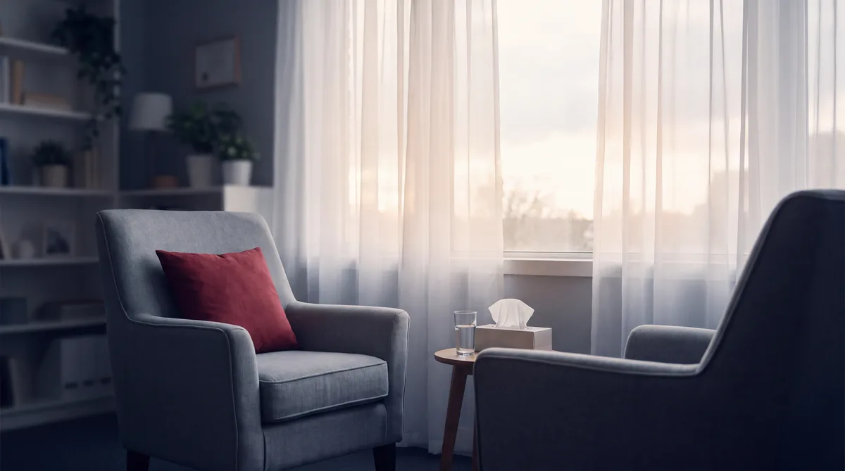 Calm counseling room with two armchairs, soft window light, and a crimson pillow, conveying safety and support