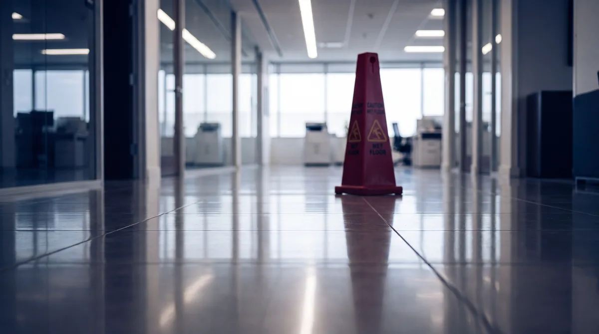 Wet glossy commercial floor with a crimson caution cone, representing slip and fall hazards