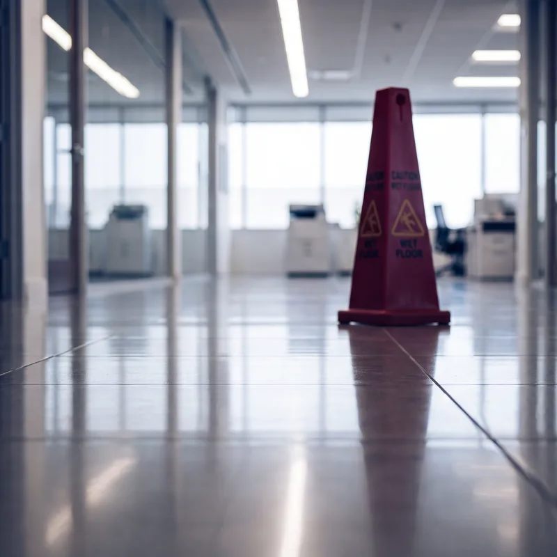 Wet glossy commercial floor with a crimson caution cone, representing slip and fall hazards