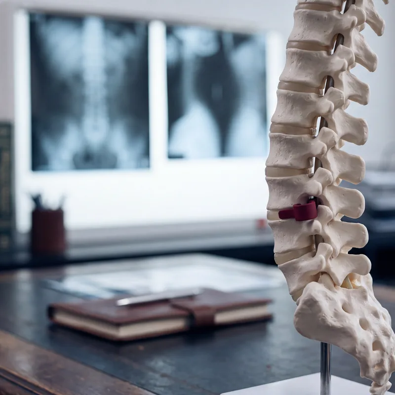 Anatomical spine model with a crimson marker clip in front of glowing spinal X-rays