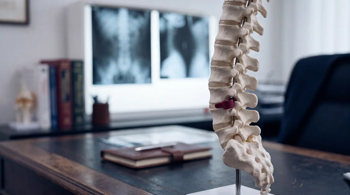 Anatomical spine model with a crimson marker clip in front of glowing spinal X-rays