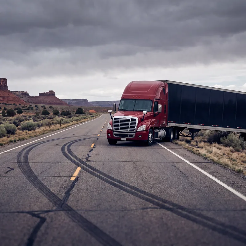 Semi-truck with crimson cab jackknifed across a high-desert Utah highway with skid marks