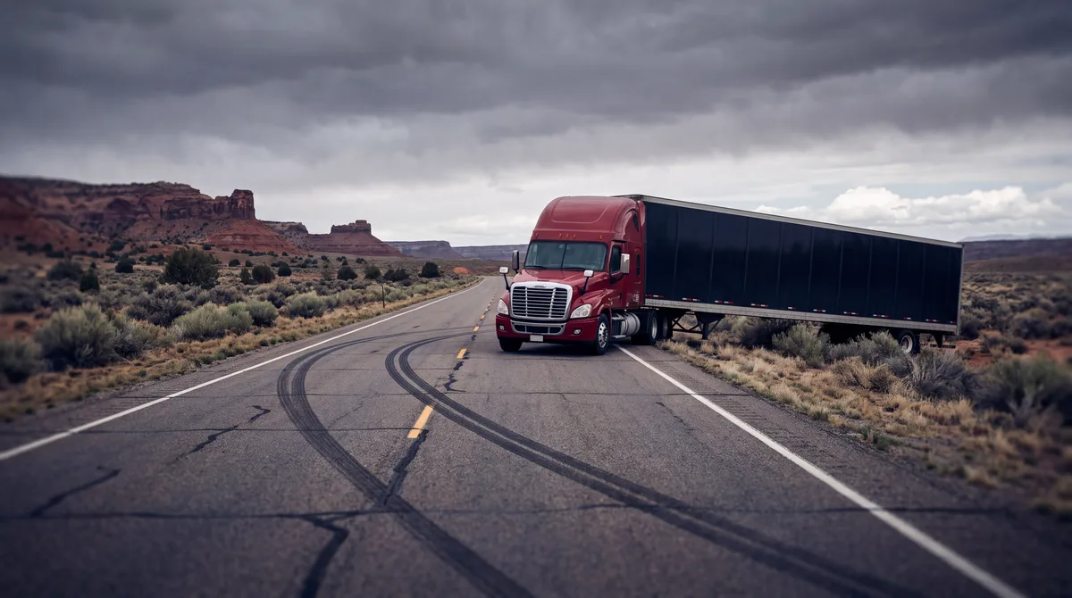 Semi-truck with crimson cab jackknifed across a high-desert Utah highway with skid marks