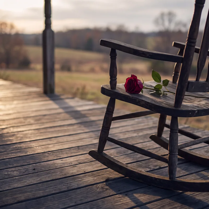 Single crimson rose on an empty porch rocking chair at golden hour, symbolizing wrongful death loss